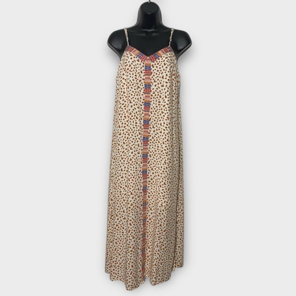 Savanna Jane Tan Animal Print Spaghetti Strap V-Neck Boho Maxi Dress Size Medium
